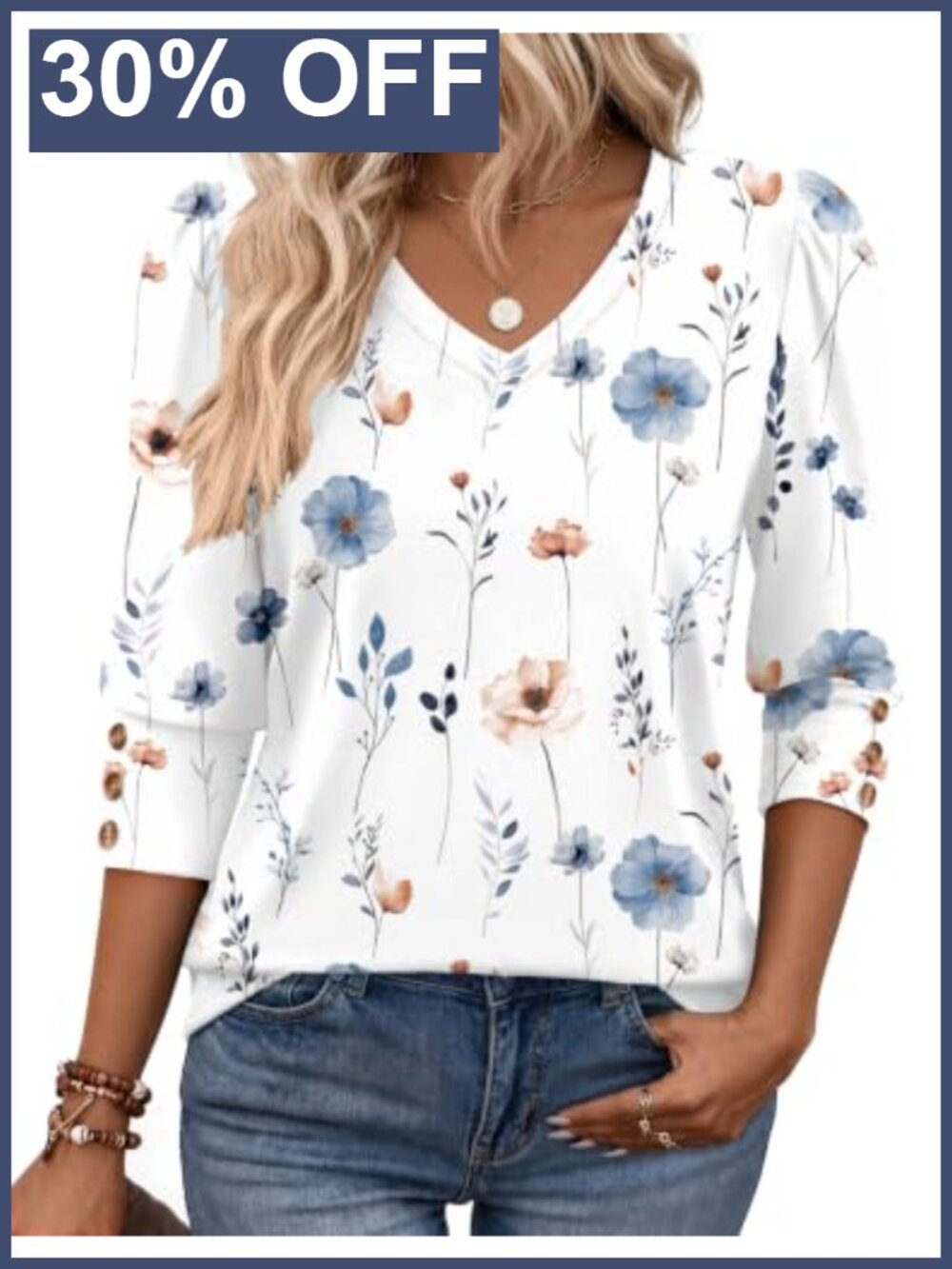 Women's 3/4 Sleeve V Neck Puff Sleeve Buttoned Casual Blouse Top